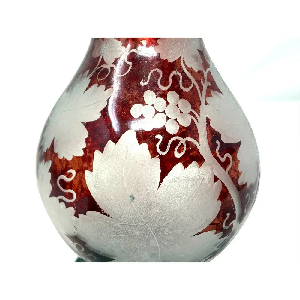Vintage Bohemian Ruby Red Flashed Glass Decanter Etched Grape Vine Stopper